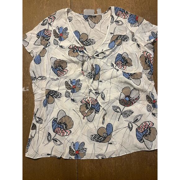 I. E. 100% Silk Sheer V-Neck Blouse, Short Sleeve, Size 1XL, Cream, Multicolored - Picture 1 of 5